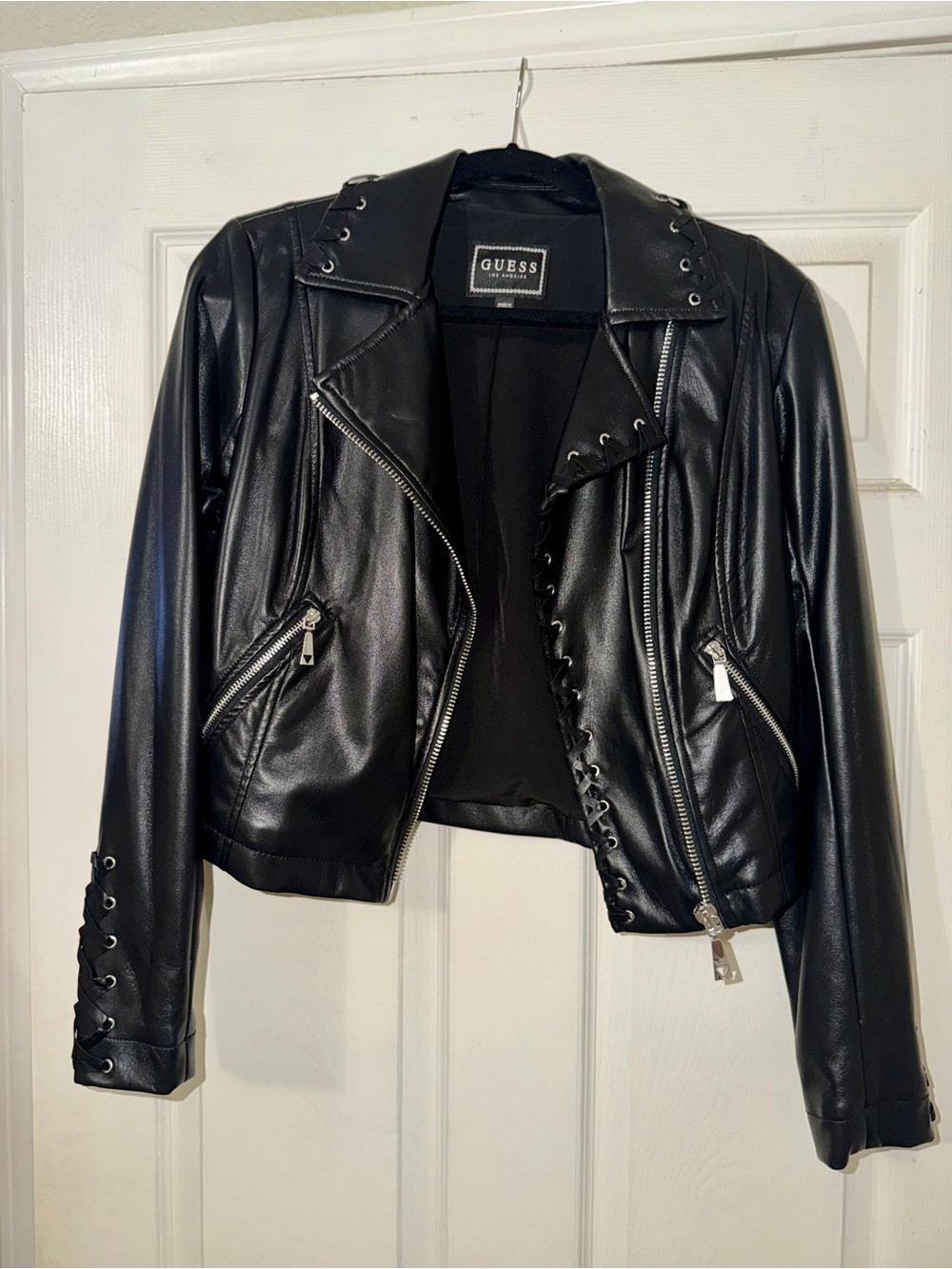 Guess Black Faux Leather Moto Jacket with Lace-Up Eyelets